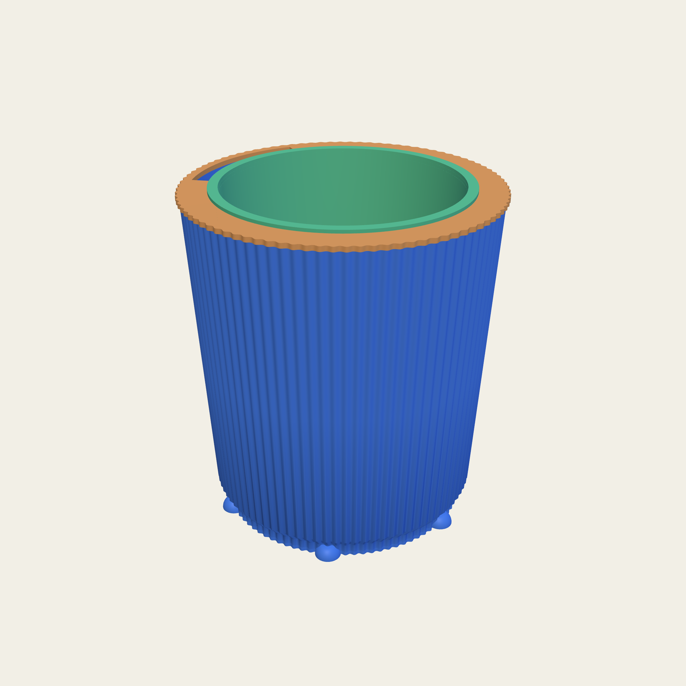 A fluted pot standing on truncated domes round an inset base.