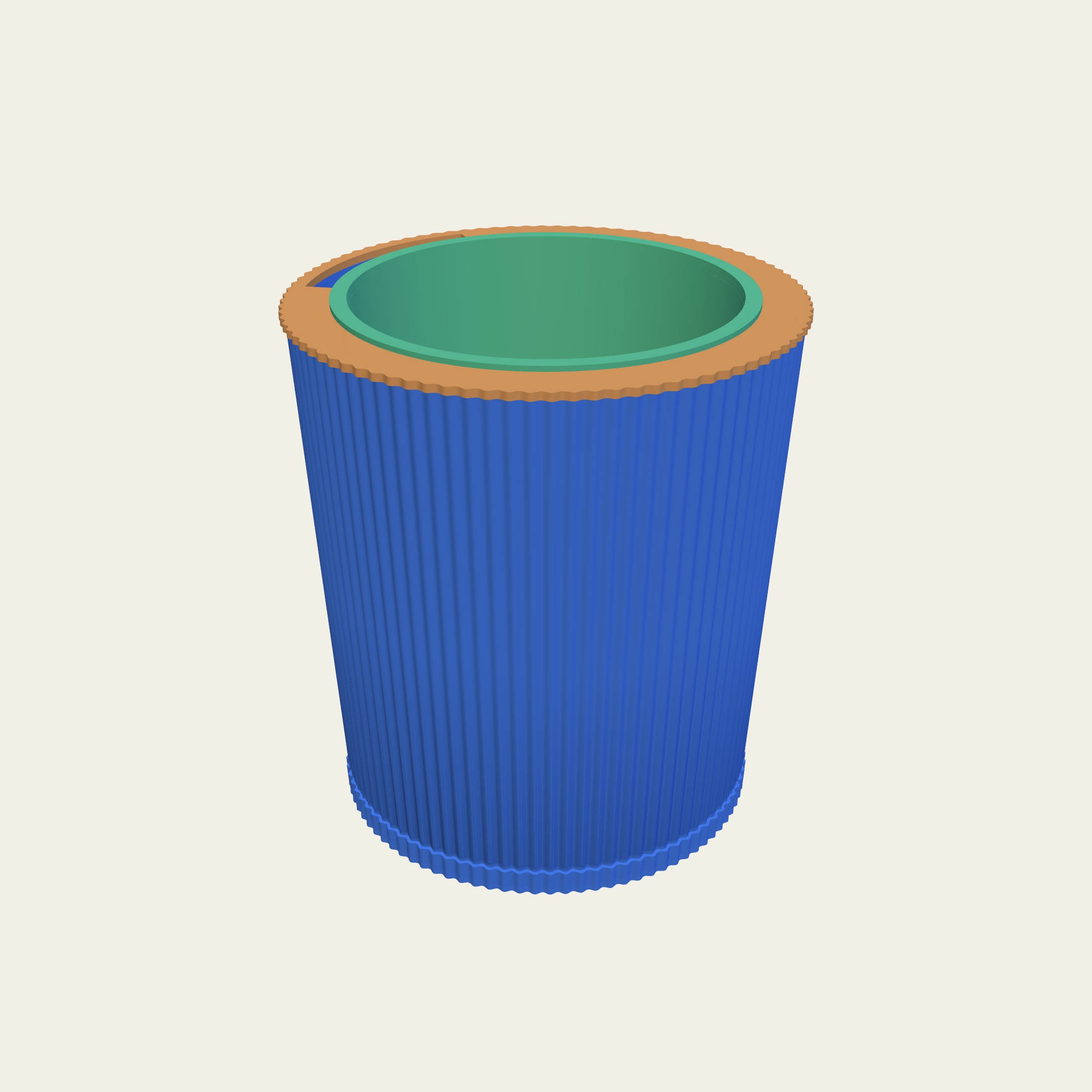 A fluted pot on a ring with a shadow gap above it.