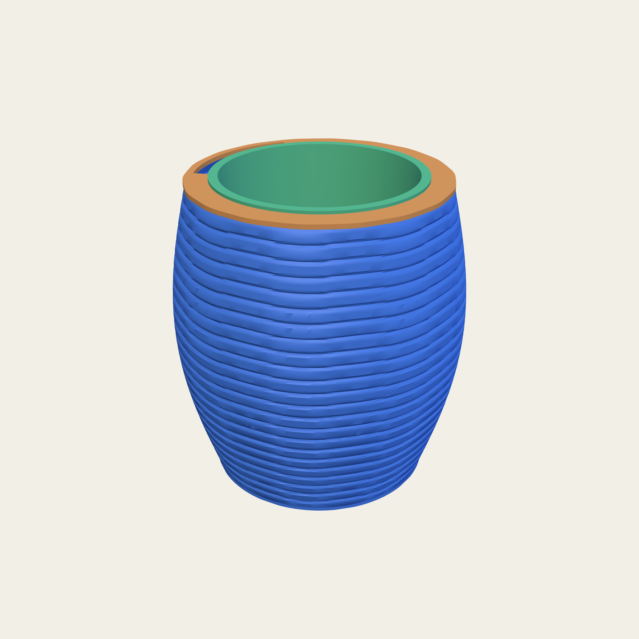 A bulbous pot banded with contour lines crowding where the wall turns.