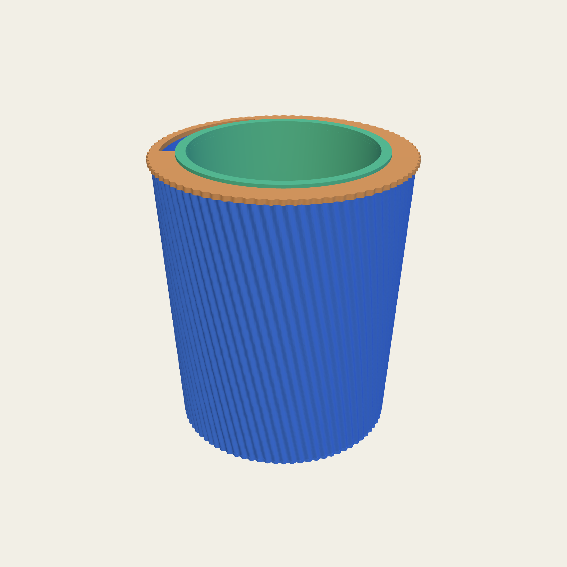 The same flutes wound round the pot as a helix.