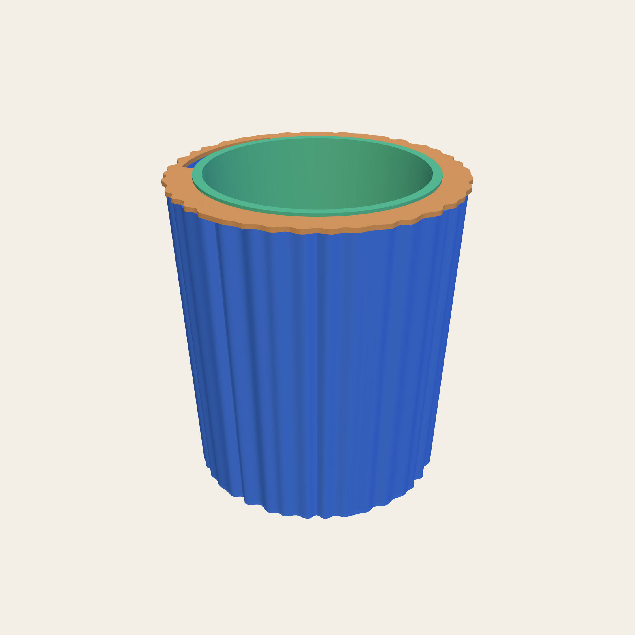 A pot with flutes of varying width and depth.