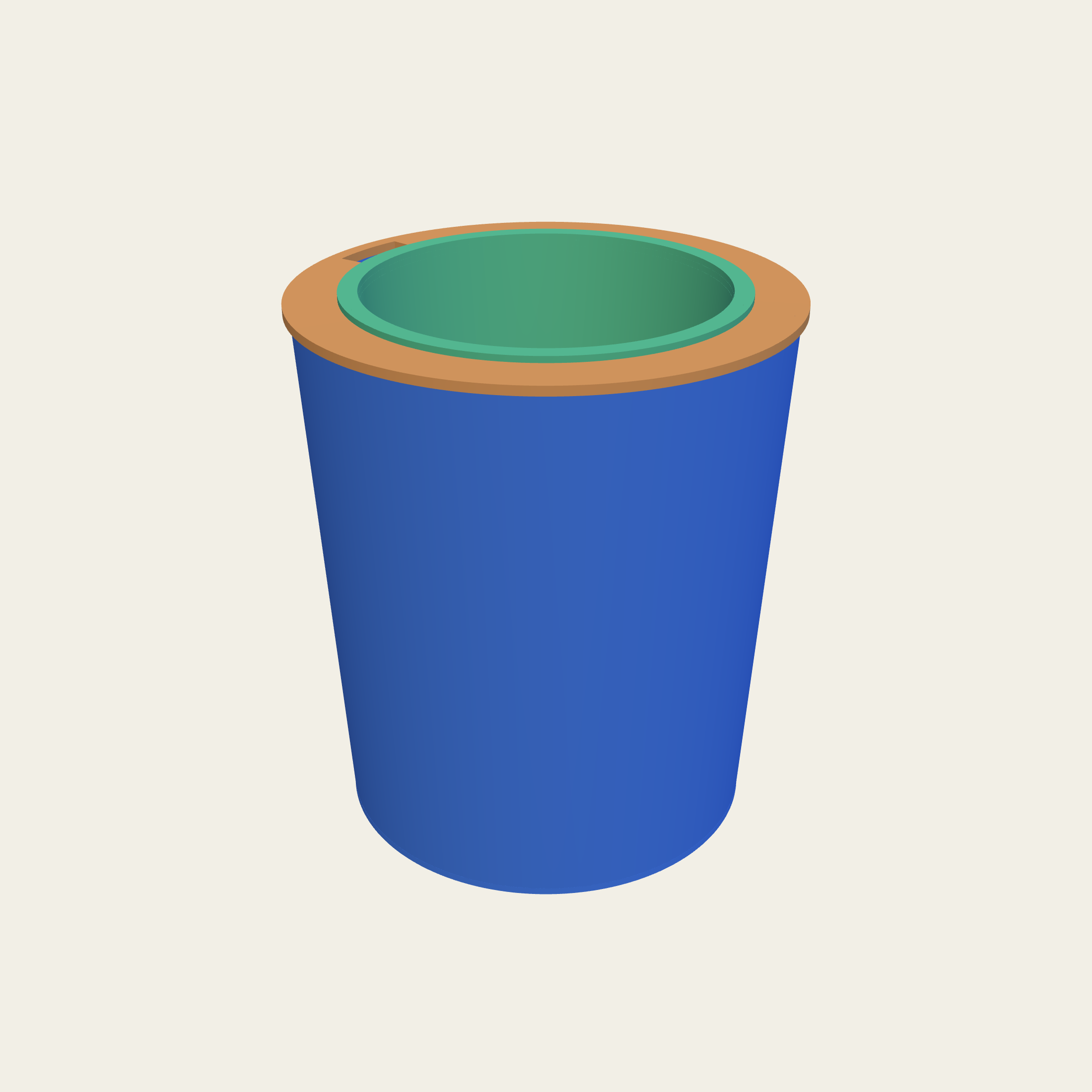 A plain-walled pot with its seat ring and liner in it.