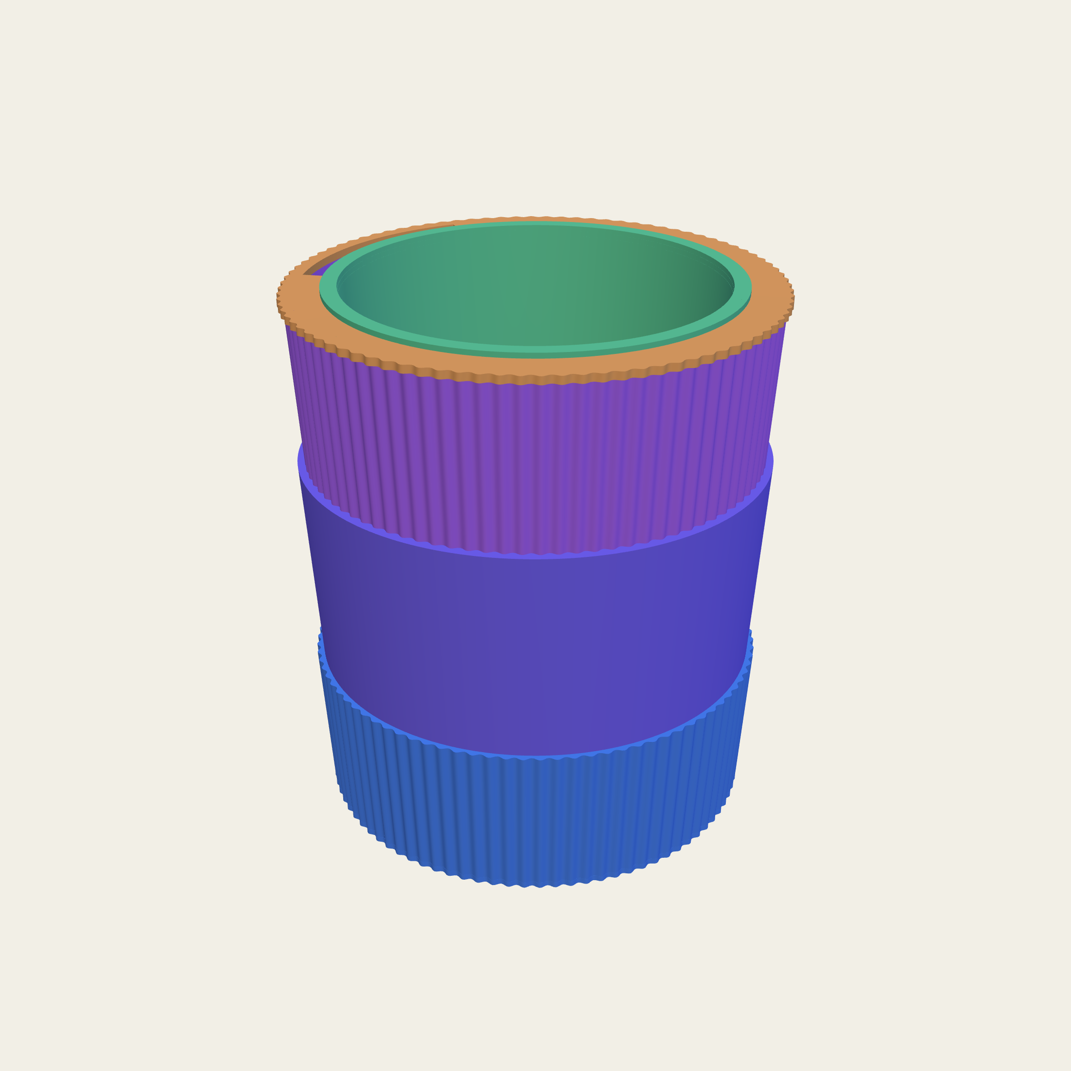 A pot made of three stacked rings in three colours.