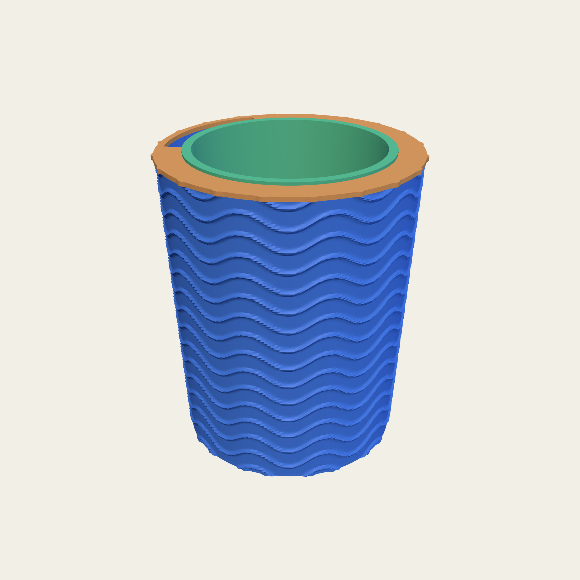 A pot with wavy bands running round it.