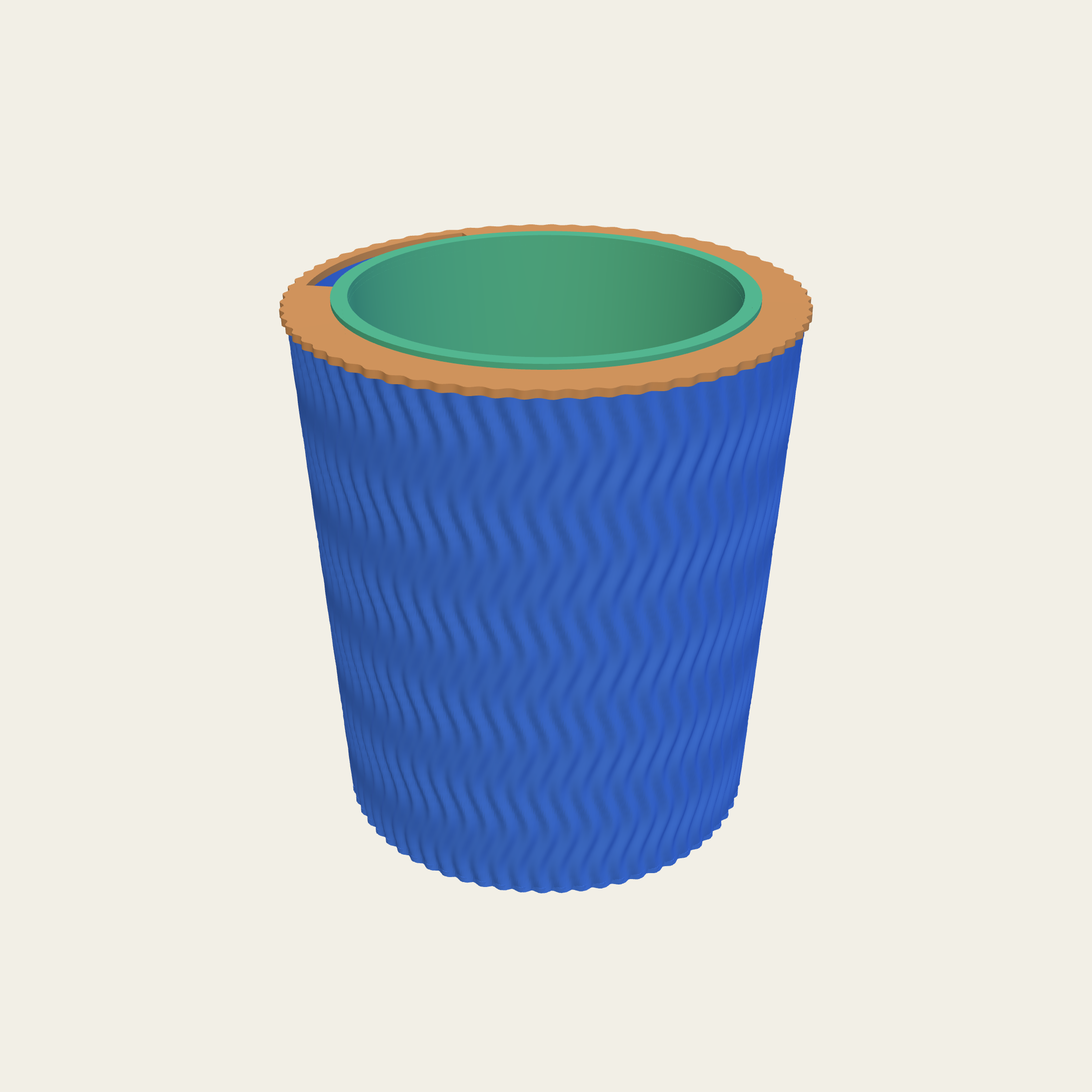 A pot with vertical flutes that undulate as they rise.