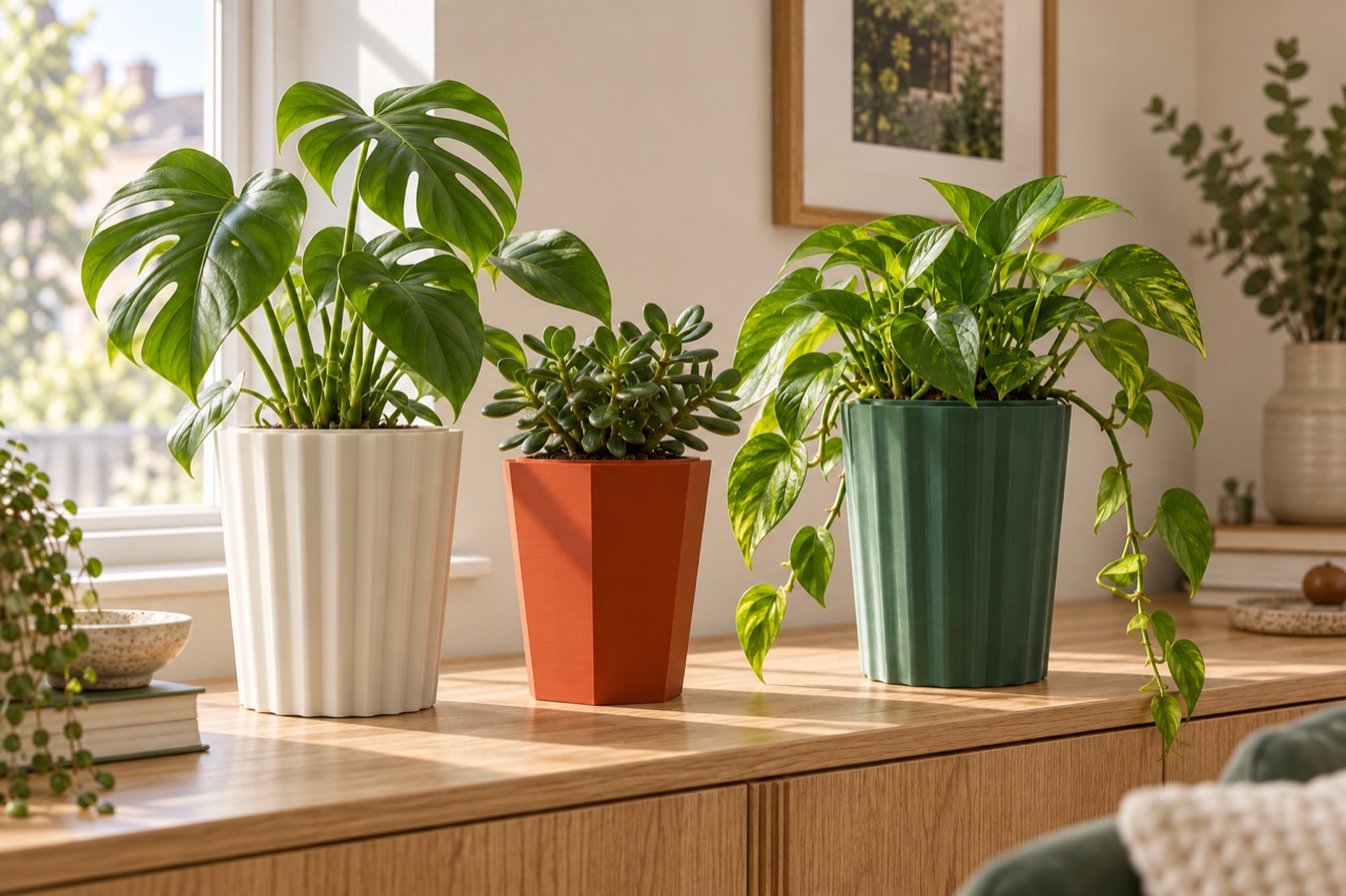 Monstera, jade and pothos in ivory ribbed, orange faceted and green fluted HardyStem pots on a sunlit oak console.
