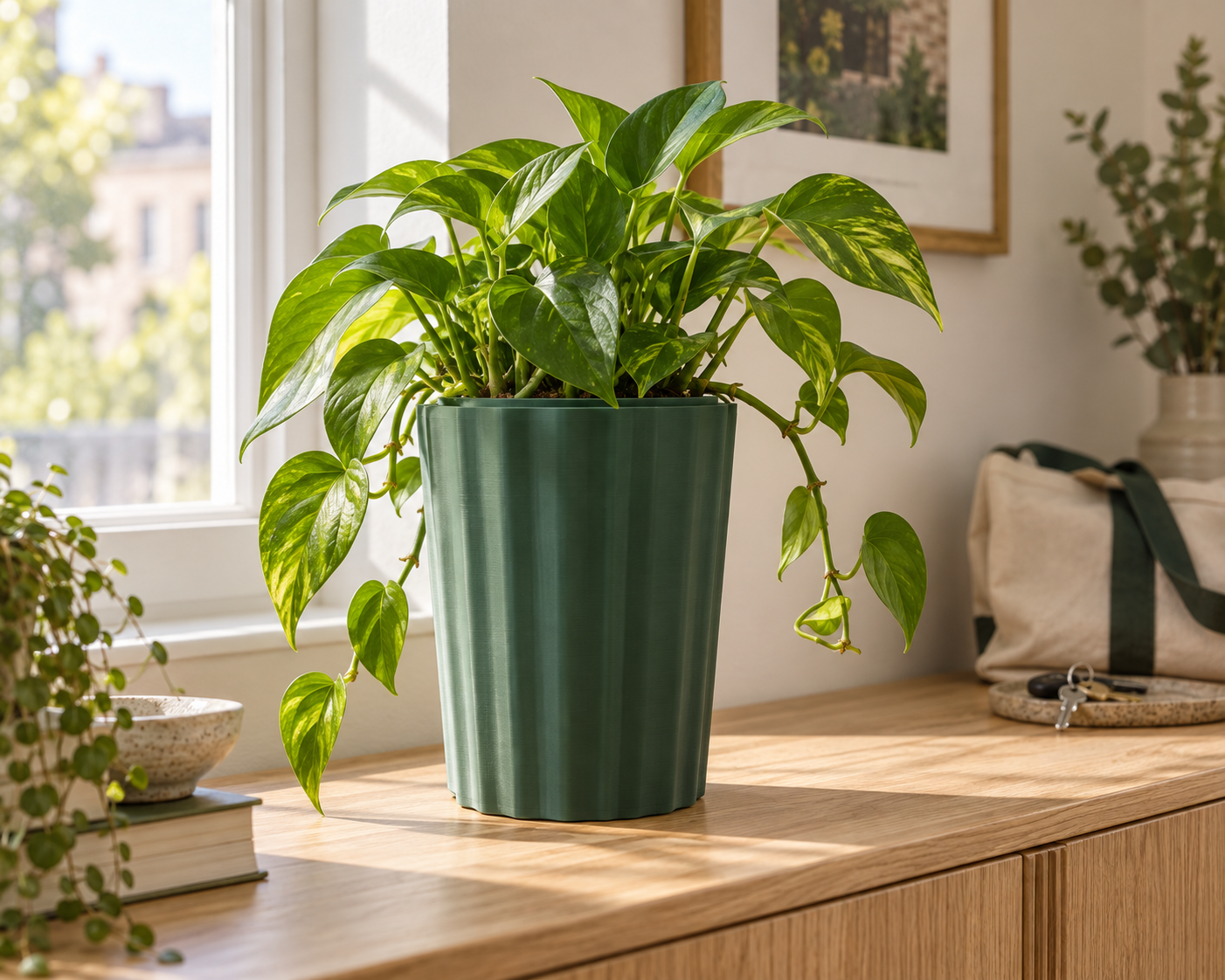 A healthy pothos in a forest-green ribbed HardyStem planter on a sunlit oak sideboard.