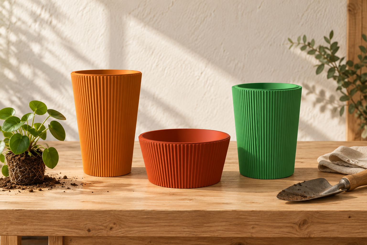Three HardyStem planters on a pale oak workbench, with a small plant, linen and a hand trowel.