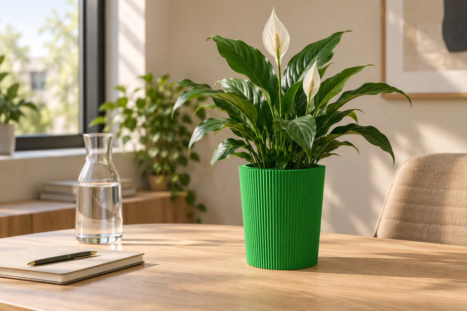 A peace lily in a green ribbed HardyStem self-watering pot on a sunlit office table.