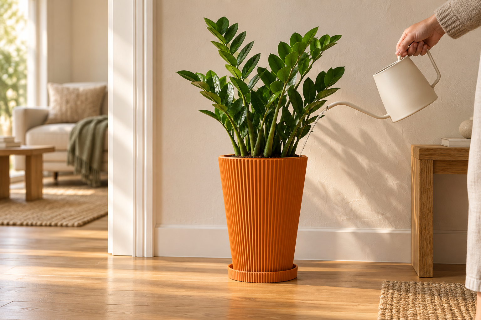 A Zamioculcas in an orange ribbed HardyStem pot and matching tray, being watered beside a doorway.