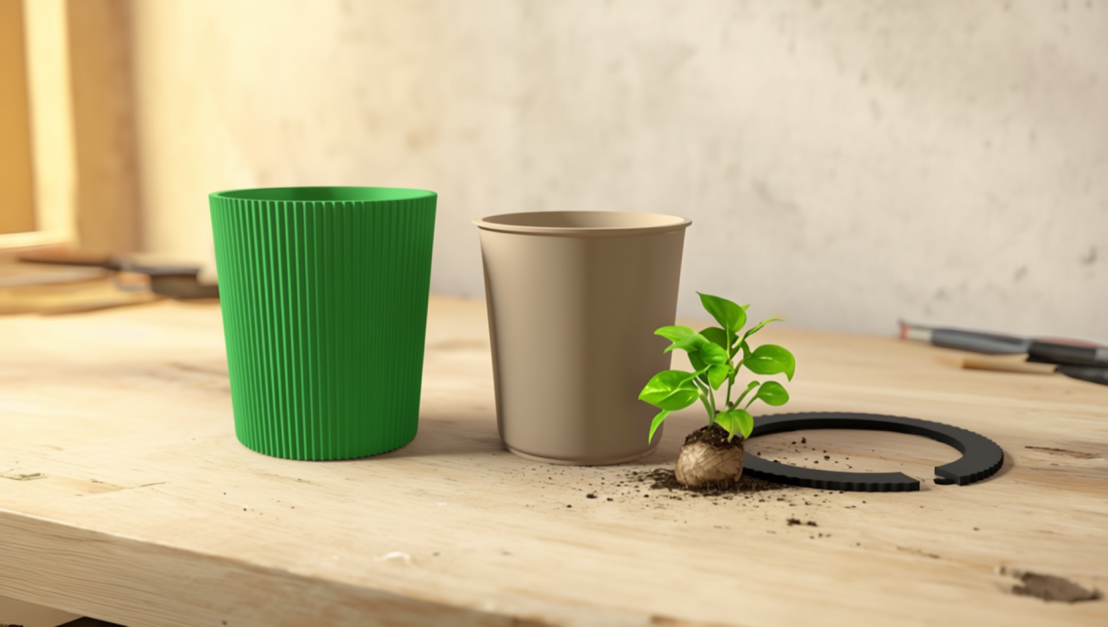 A green ribbed HardyStem shell, sand liner and charcoal seat ring separated on a workbench beside a small pothos.
